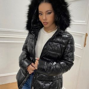 Fuzzy hoodie puffer coat